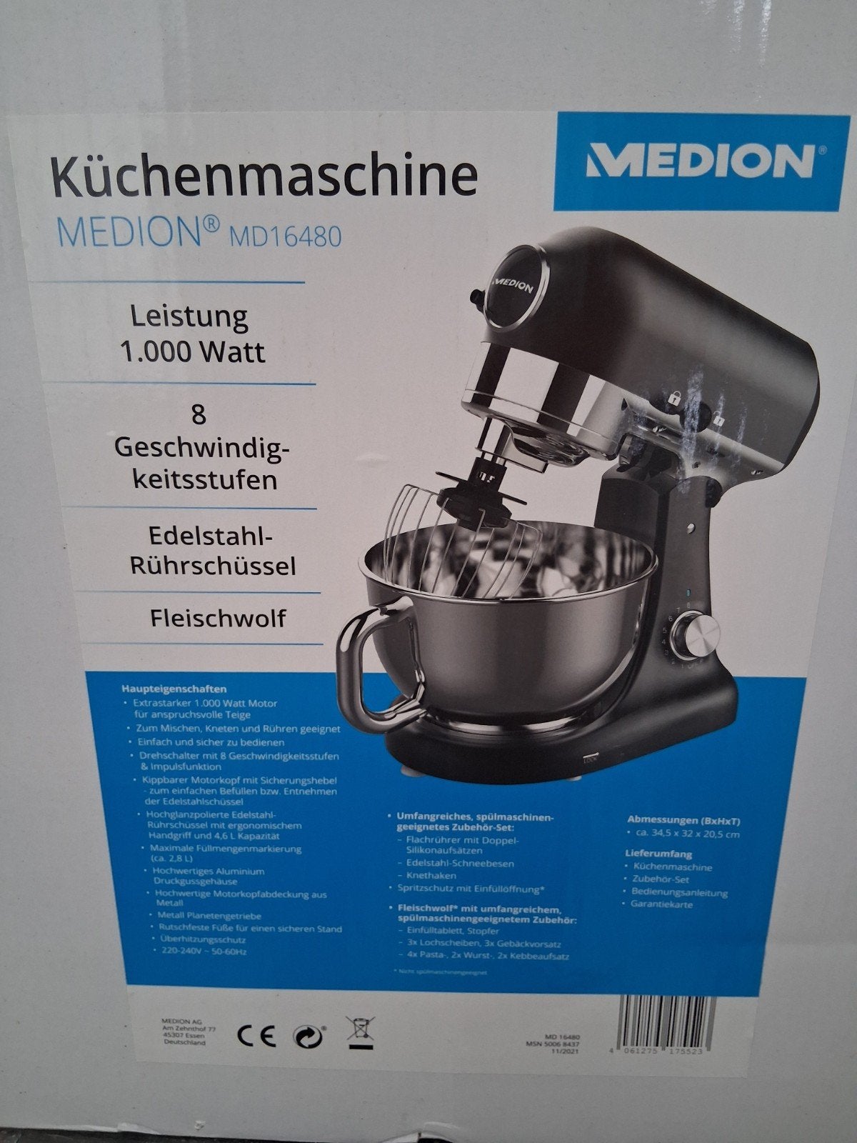 Medion Keukenmachine MD16480 Zwart - Zo goed als nieuw, Ophalen, 4 liter of meer, 3 snelheden of meer, Zo goed als nieuw