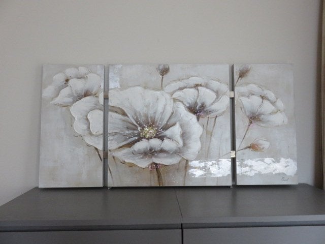 Schilderij drieluik witte bloemen met zilveraccenten, Ophalen, 50 – 75, Oorspronkelijke maker, 125 cm of meer