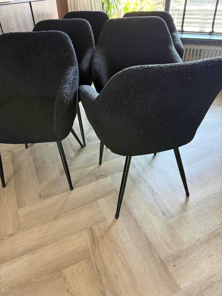 6x Zwarte Teddy Eetkamerstoelen met armleuning, Zwart, Ophalen of Verzenden, Zo goed als nieuw, Stof
