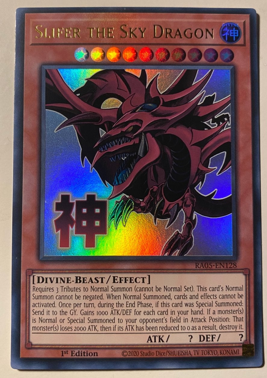 Yu-Gi-Oh! Stamped Slifer the Sky Dragon RA05 1st Edition !, Ophalen of Verzenden, Zo goed als nieuw, Losse kaart, Foil
