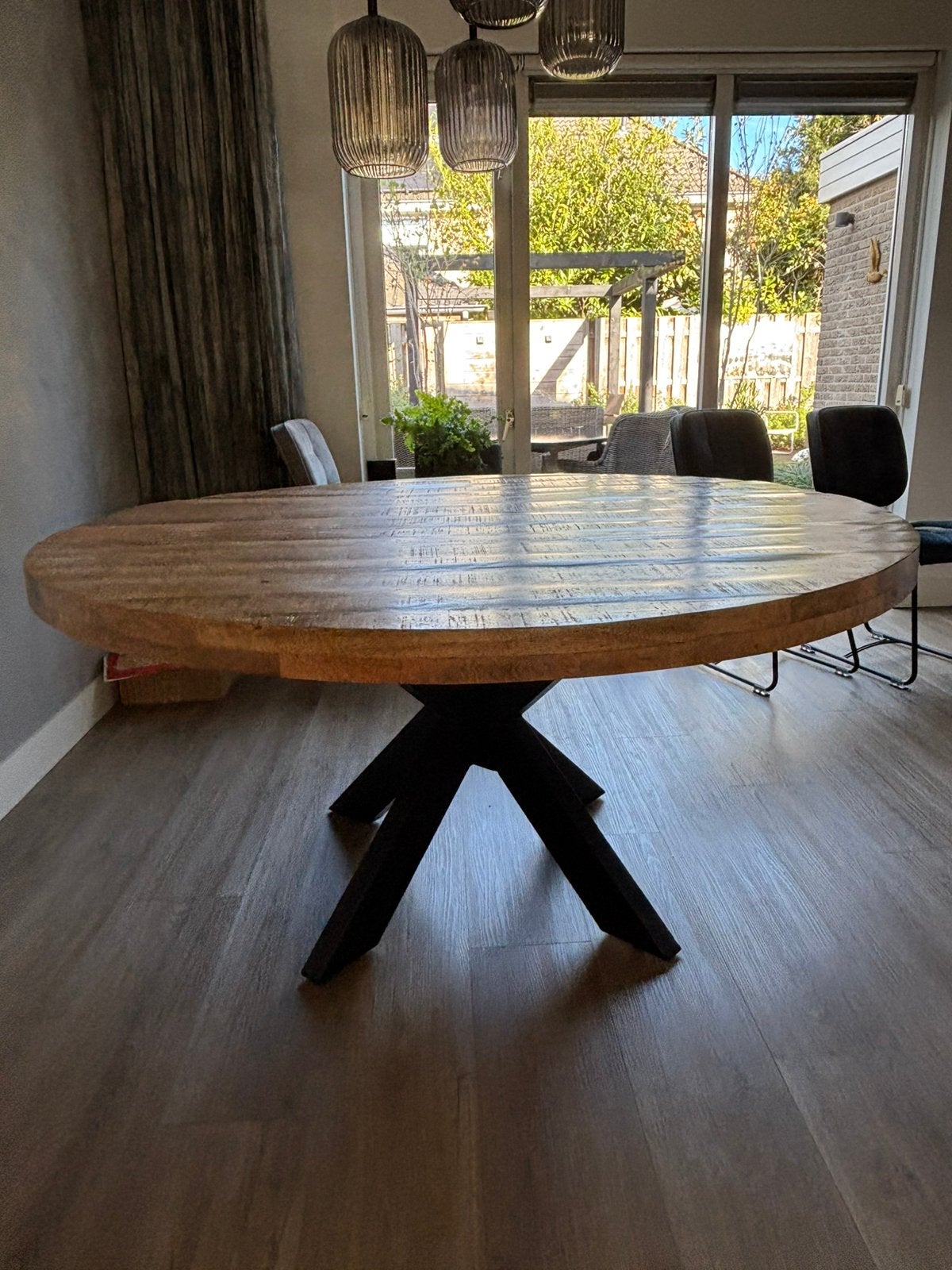 Ronde mango eetkamertafel 150 cm, Huis en Inrichting, Ophalen, 100 tot 150 cm, Rond, Zo goed als nieuw