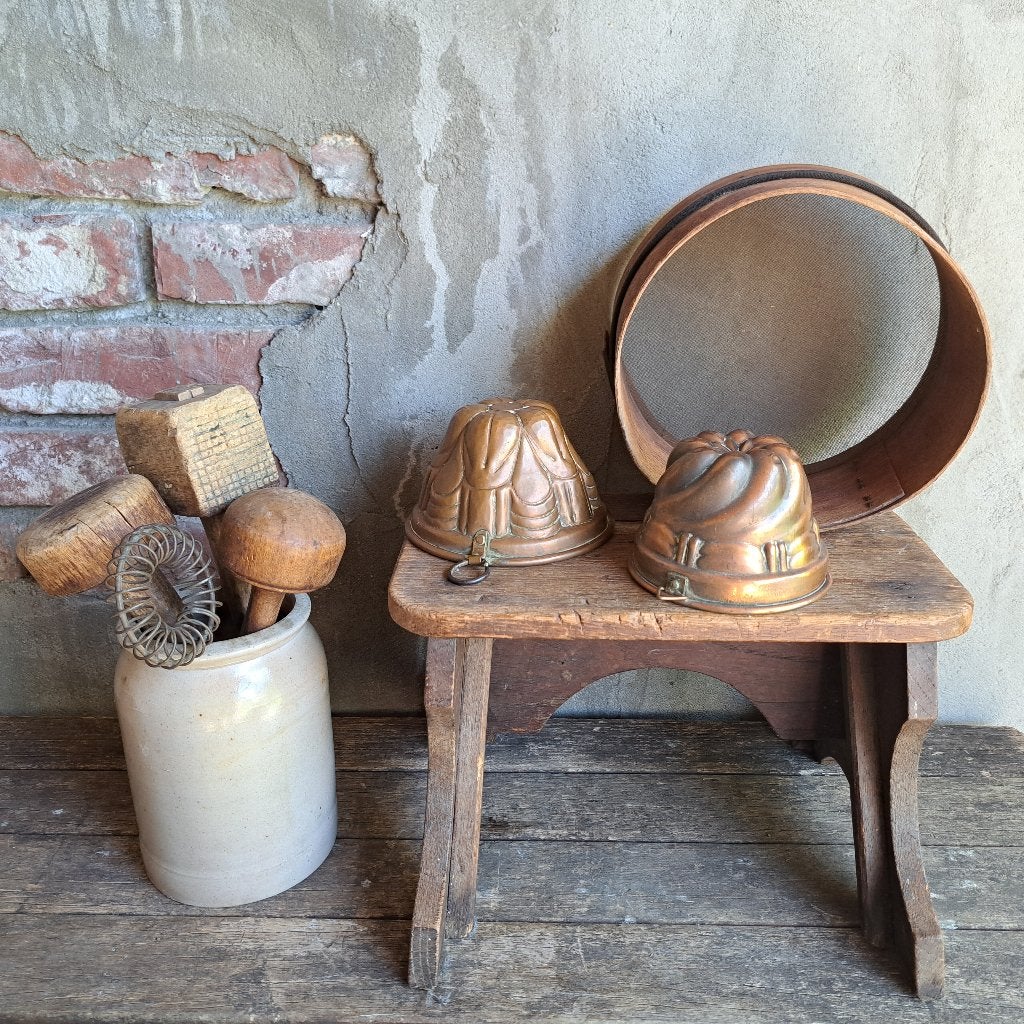Oud brocante koperen bakvormpje bakvorm ronde zeef *Etage3*, Huis en Inrichting, Gebruikt, ., Ophalen of Verzenden, .