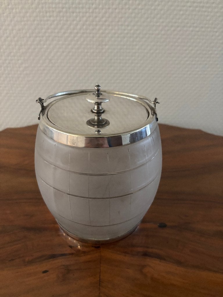 Antieke koekjespot Mappin & Webb glas / verzilverd metaal, Ophalen of Verzenden