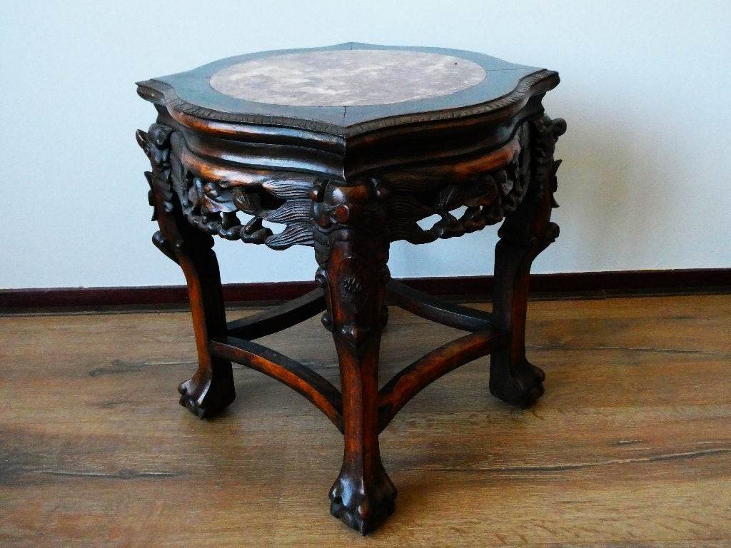 Antiek Chinese piëdestal plantentafel bijzettafel marmer, Ophalen of Verzenden