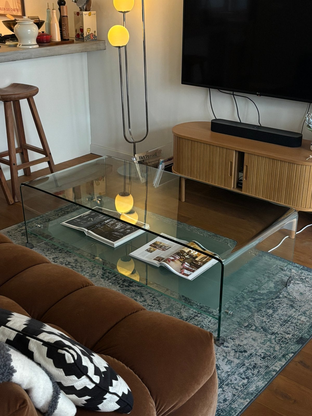 Glazen salontafel, Huis en Inrichting, Tafels | Salontafels, 100 tot 150 cm, Midcentury modern, 50 tot 100 cm, Ophalen of Verzenden
