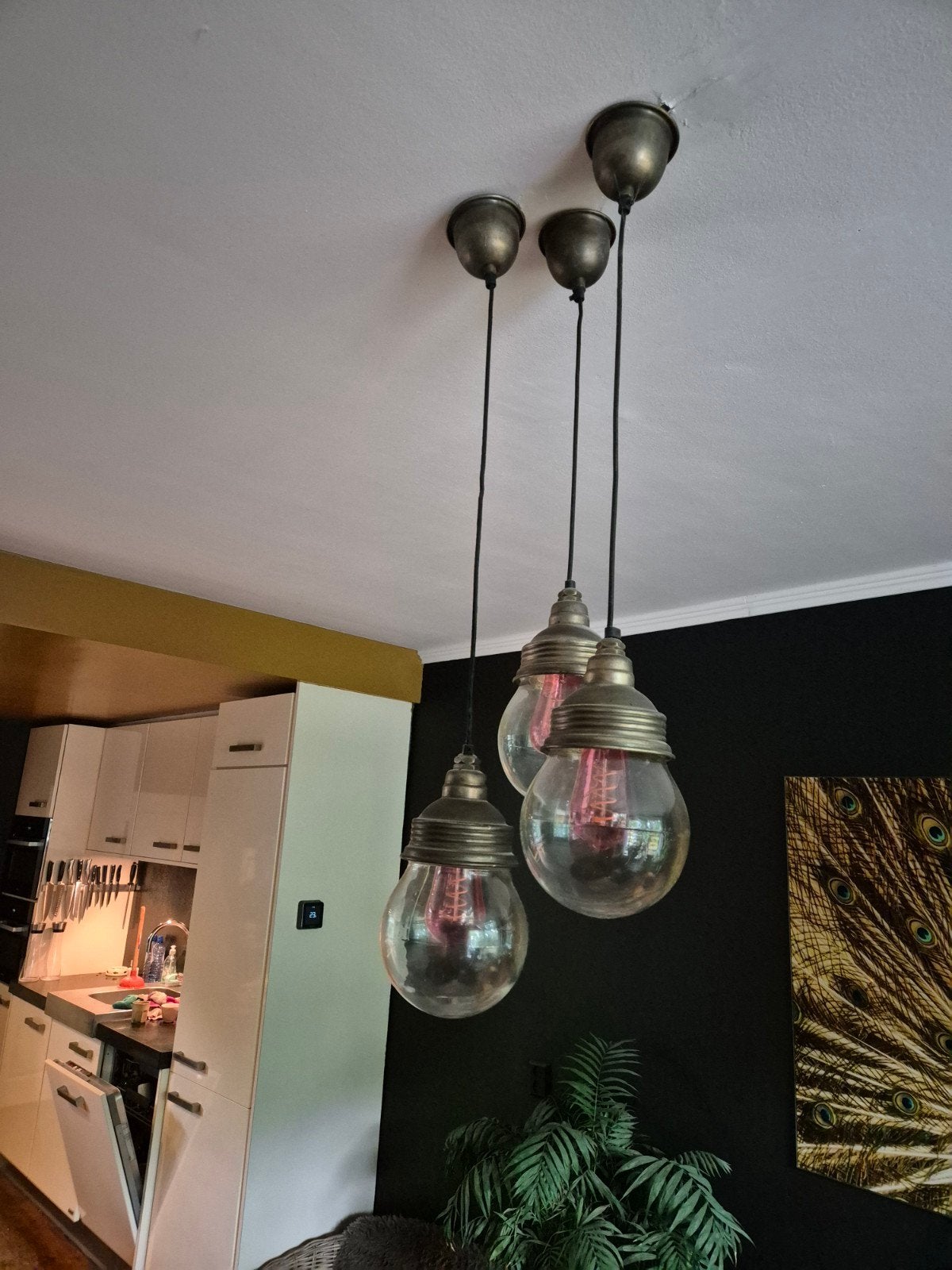 Vintage hanglampen set - 3 stuks, Gebruikt, Vintage, Industrieel, Ophalen of Verzenden, Glas