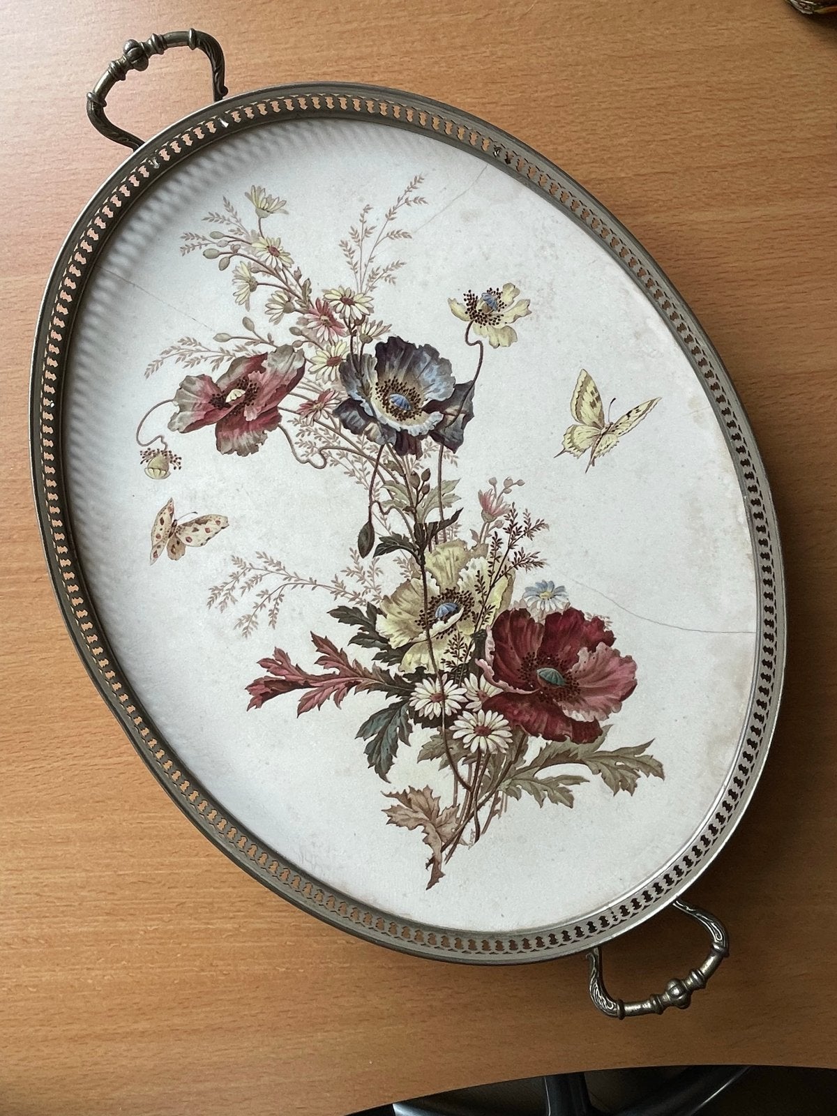 Antiek dienblad met bloemmotief en vlinders, Ophalen of Verzenden