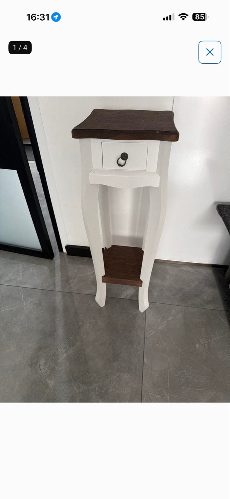 Elegante plantentafel met lade - wit/bruin, Huis en Inrichting, Tafels | Bijzettafels, Ophalen, Minder dan 55 cm, Gebruikt, Overige vormen
