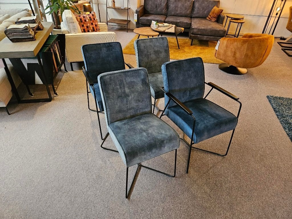 Stoelen Jace - Set 4 stuks | Velours, Hout, Blauw, Zo goed als nieuw, Vier