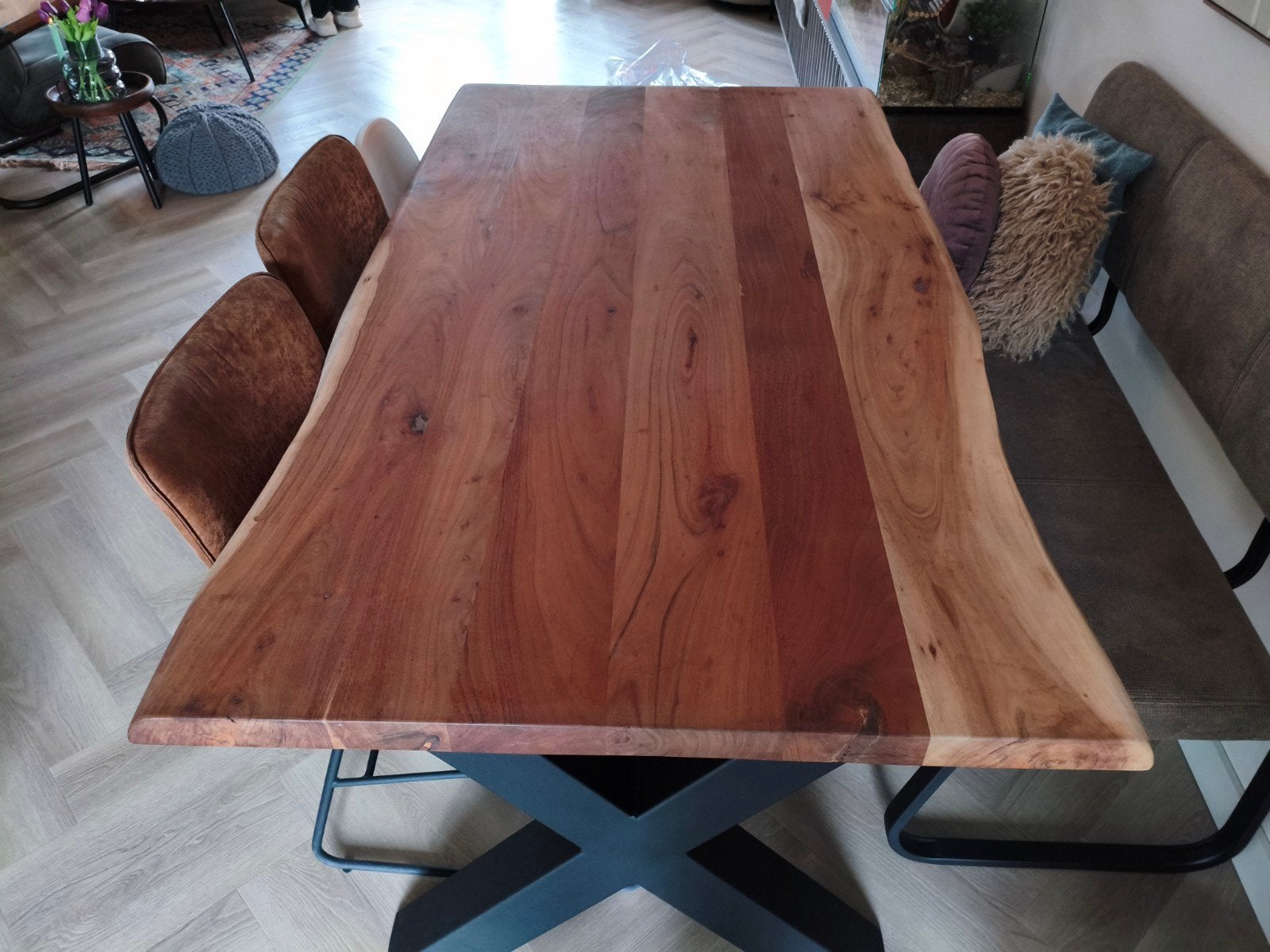 Massief Acacia Boomstam Tafel 180x100 cm - Onbehandeld Blad, Ophalen, 100 tot 150 cm, Zo goed als nieuw, Vijf personen of meer