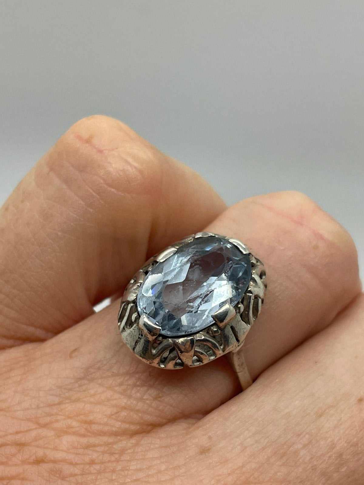 E806 Prachtige zilveren aquamarijn ring maat 18,25, Sieraden, Tassen en Uiterlijk, Antieke sieraden, Ophalen of Verzenden, Zilver