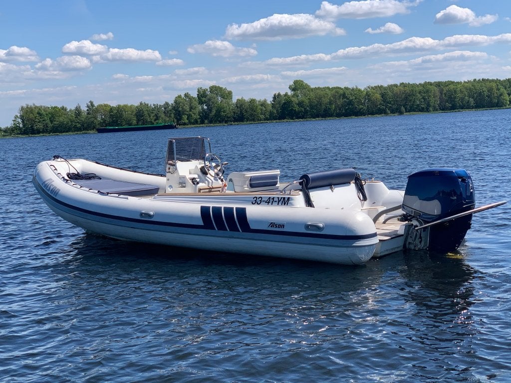 Luxe RIB 250 PK Evinrude E-TEC | Flexiteek | Bimini | Douche, Watersport en Boten, Zo goed als nieuw, 250 pk, 7 m, Polyester/glasvezel
