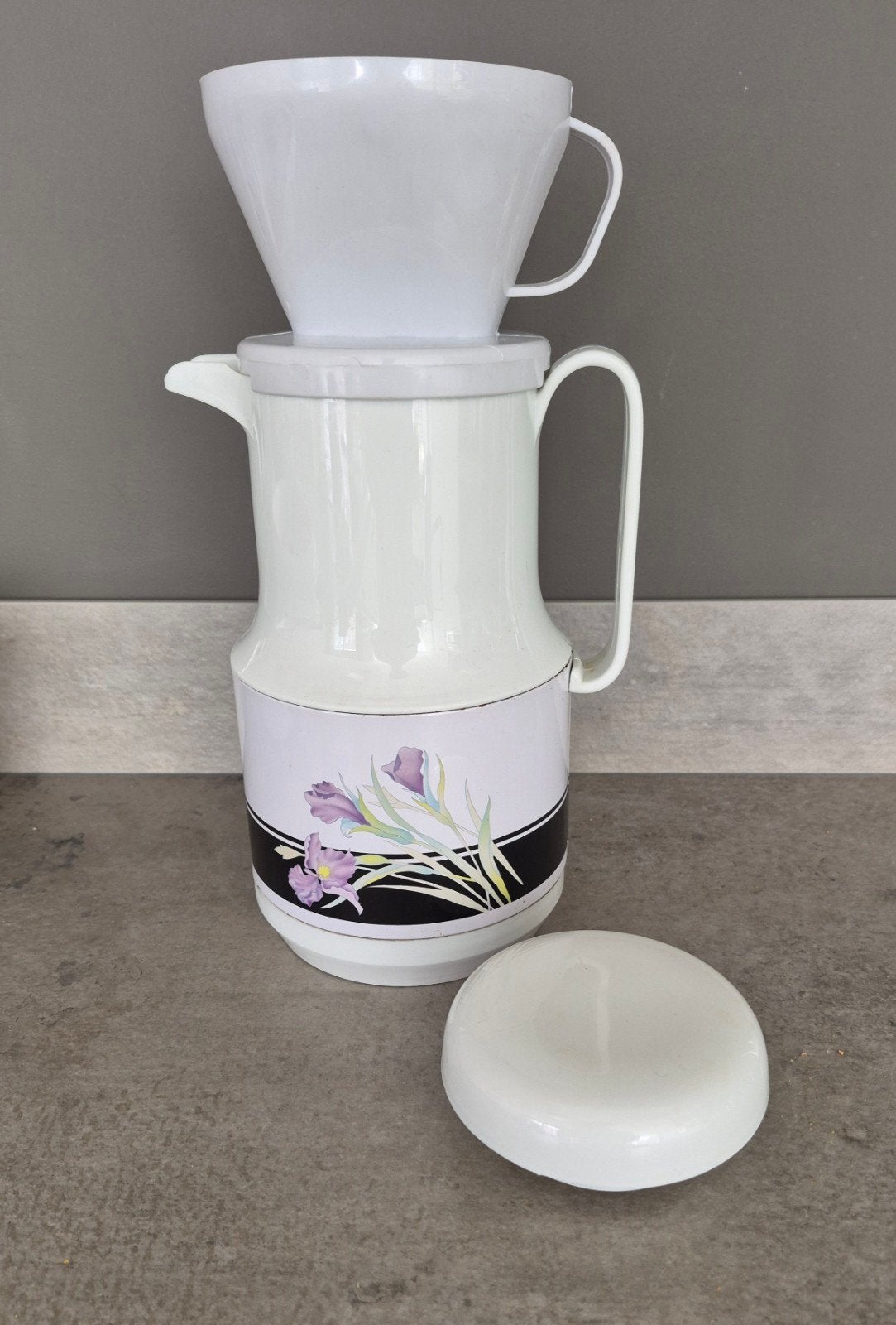 Vintage thermoskan Koffiekan met Filter - Bloemenmotief, Gebruikt, Overige modellen, Gemalen koffie, Ophalen of Verzenden