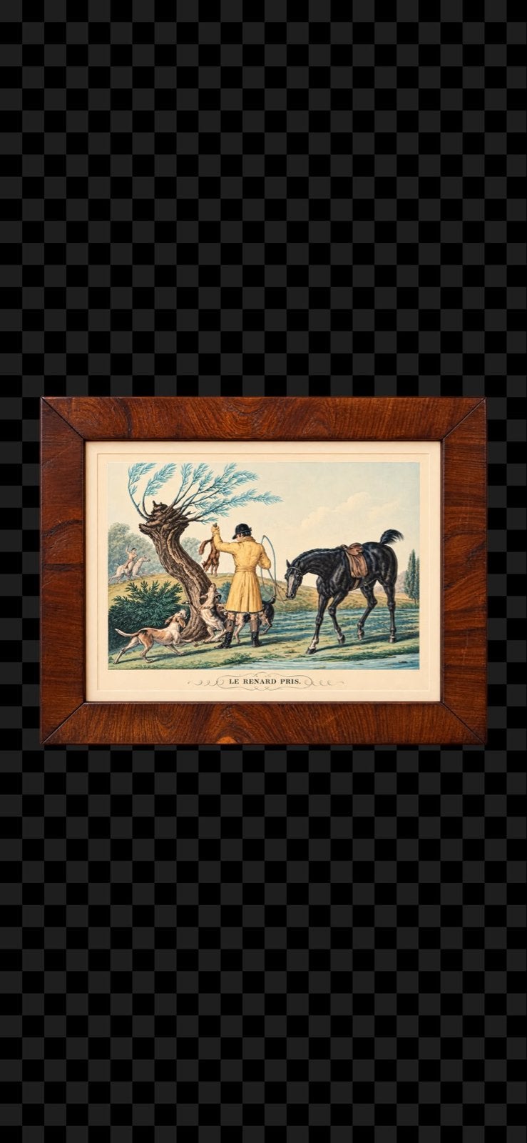 Antieke jachtscène print: 'Le Renard Pris' in lijst, Antiek en Kunst, Kunst | Schilderijen | Klassiek, Ophalen, Dieren, Klassiek