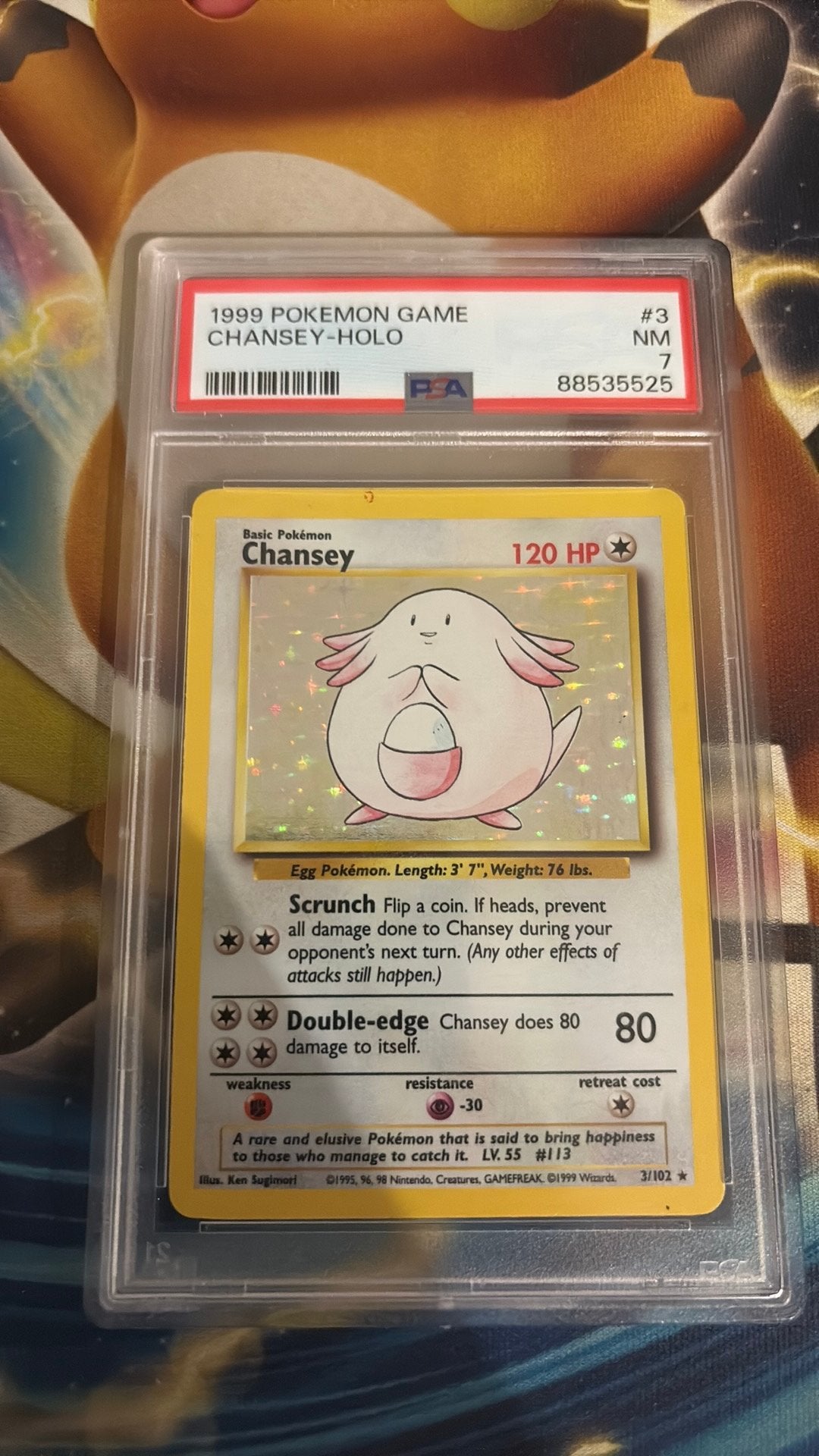 Base set Chansey 3/102 psa 7 !ERROR RED DOT!, Ophalen of Verzenden, Zo goed als nieuw
