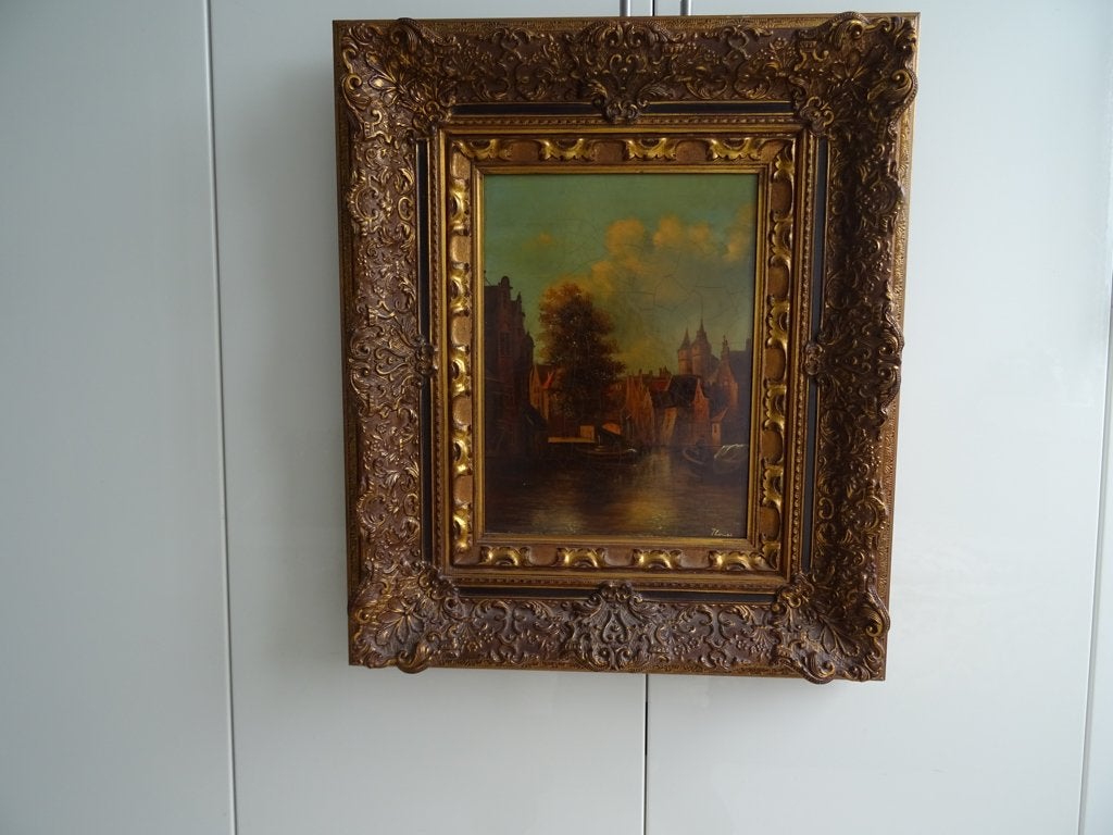 SCHILDERIJ STADGEZICHT BRUGGE (OLIE/PANEEL) gesign. Thomas, Antiek en Kunst, Ophalen of Verzenden