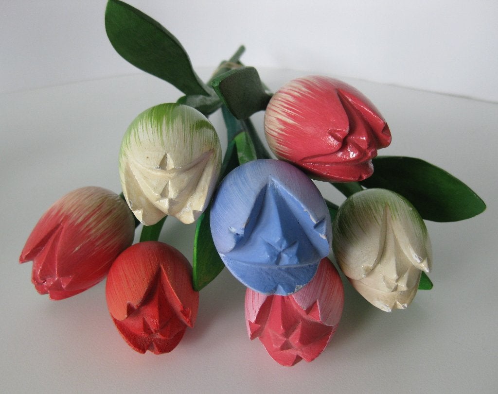 Boeket tulpen hout / Houten tulpen 7 stuks assorti kleuren, 35 cm, Ophalen of Verzenden, Zo goed als nieuw, Boeket