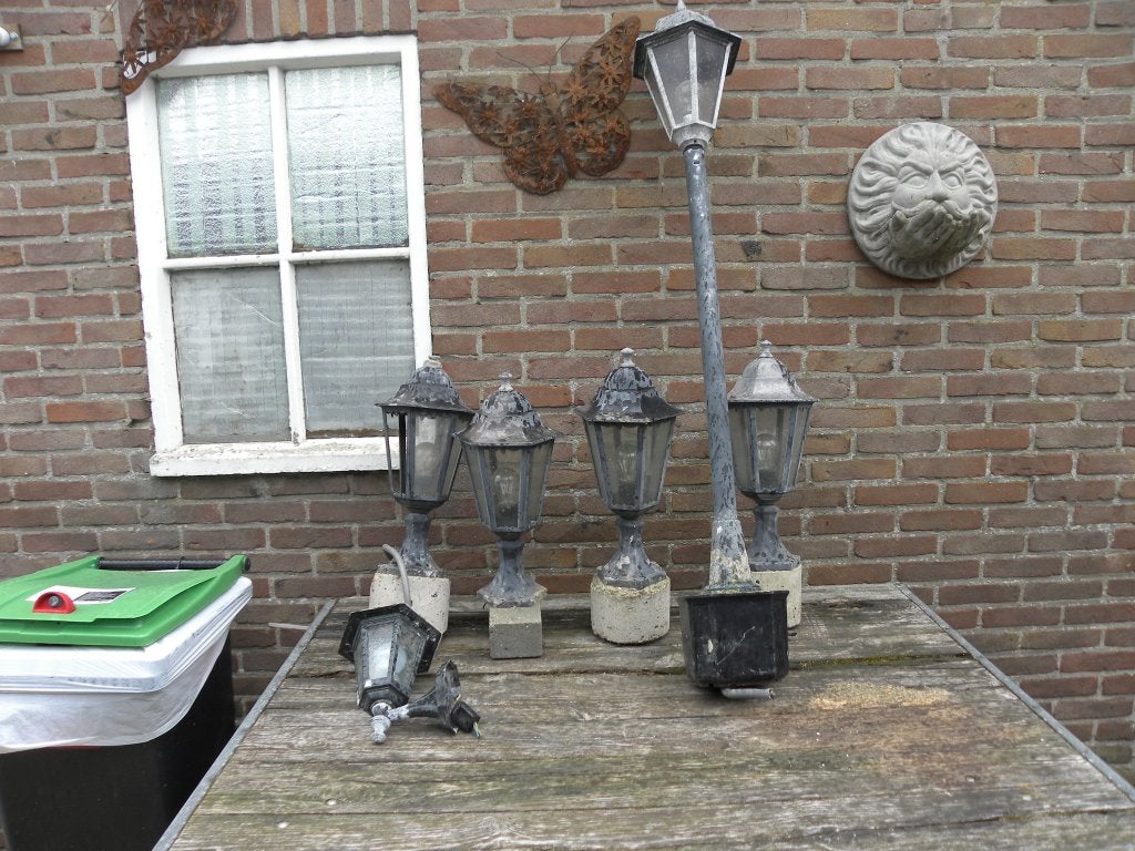 tuinverlichting 4 x lage 50 cm 1 x hoge 125cm 1 x hanglamp, Ophalen, Gebruikt, Staande lamp, Netvoeding