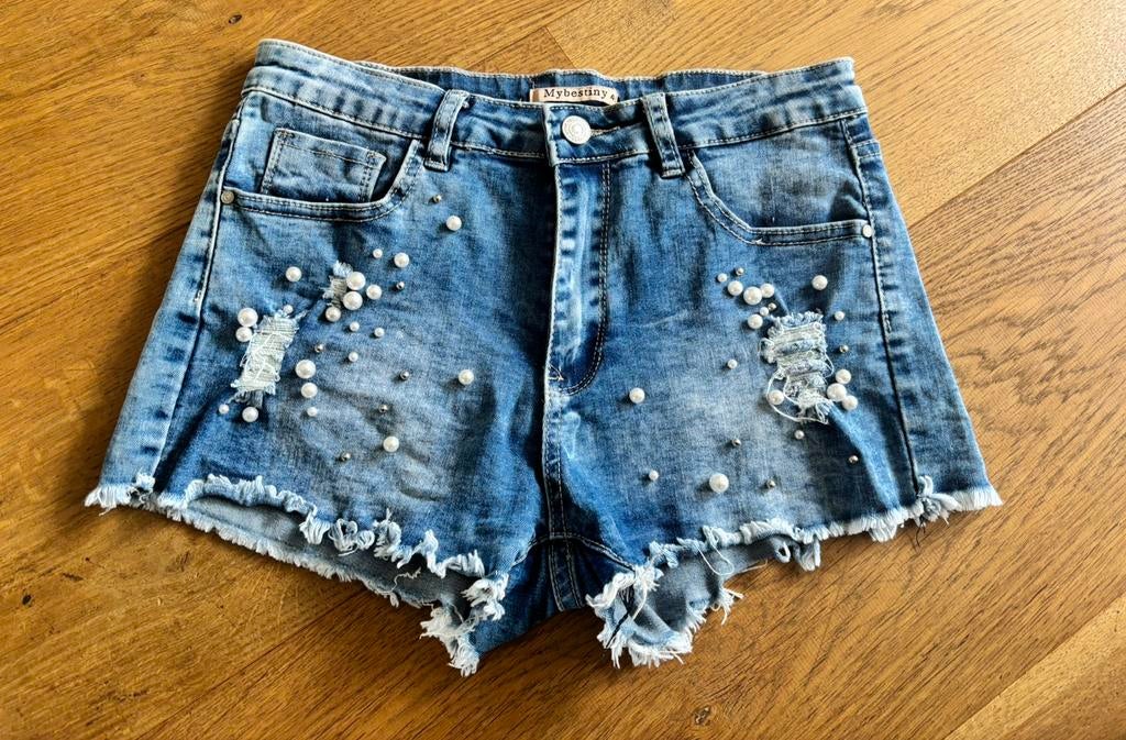 Jeans short maat 40 met parels, Ophalen of Verzenden, Gedragen, Blauw, W40 - W42 (confectie 56/58)