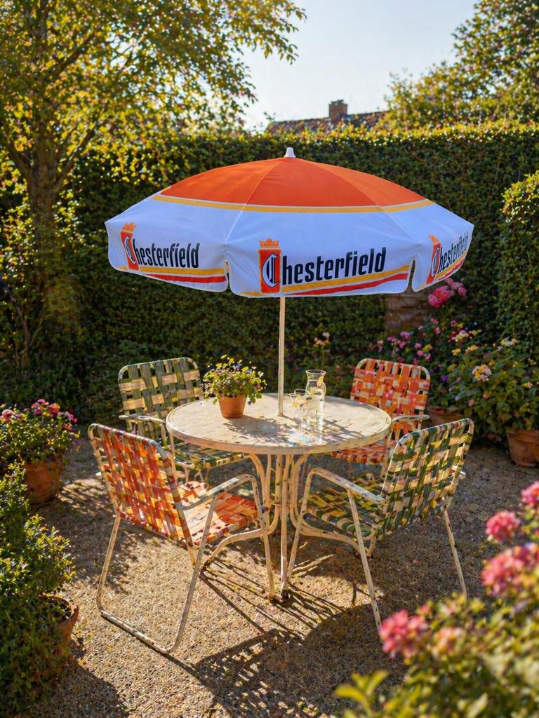 2x Chesterfield reclame parasols – retro & uniek, Tuin en Terras, Parasols, Ophalen, Gebruikt, Stokparasol, Kantelbaar