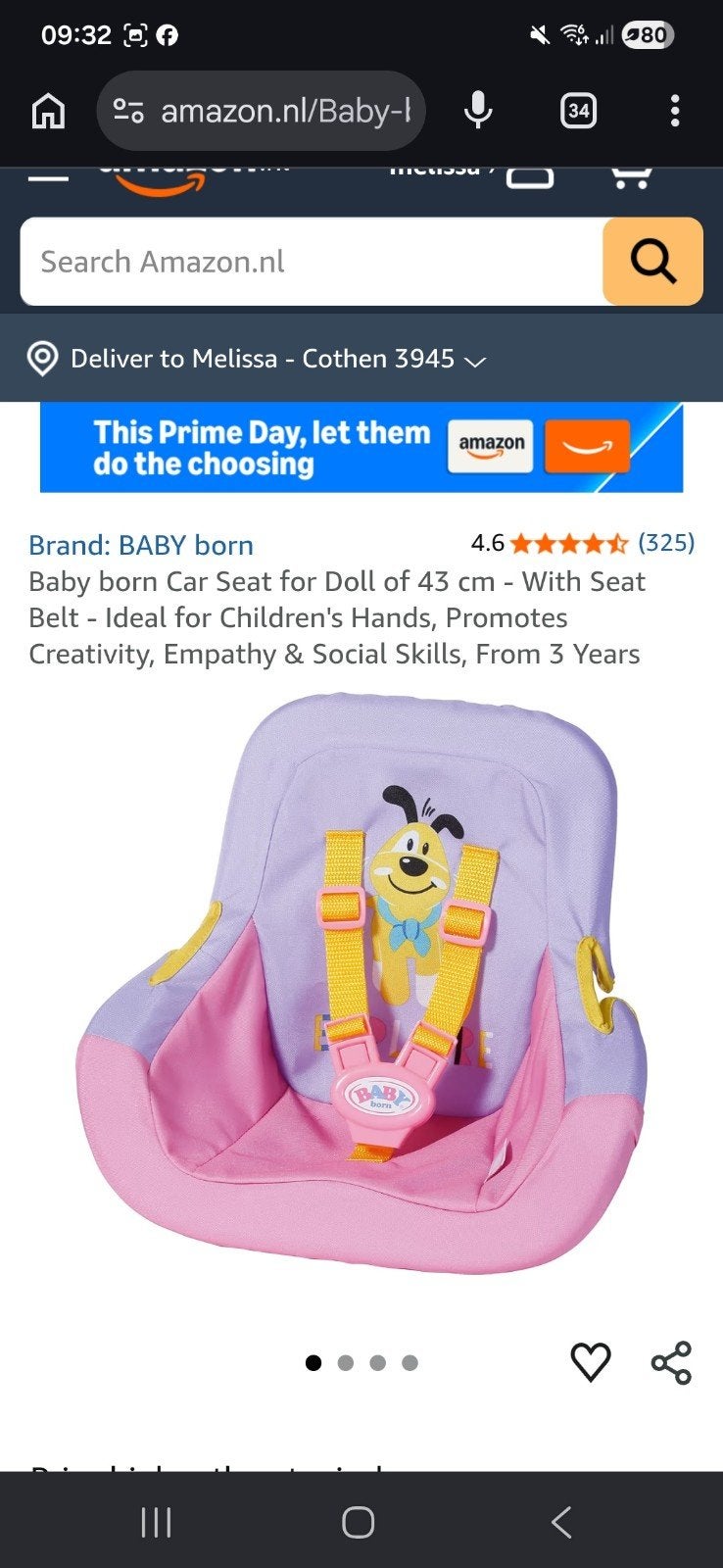 Babyborn auto stoel, Ophalen of Verzenden, Zo goed als nieuw, Babypop