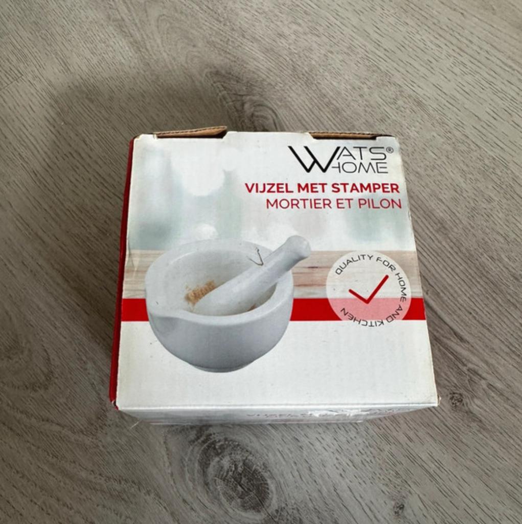 Watshome vijzel met stamper wit gekleurd nieuw, Huis en Inrichting, Keuken | Keukenbenodigdheden, Ophalen of Verzenden, Nieuw