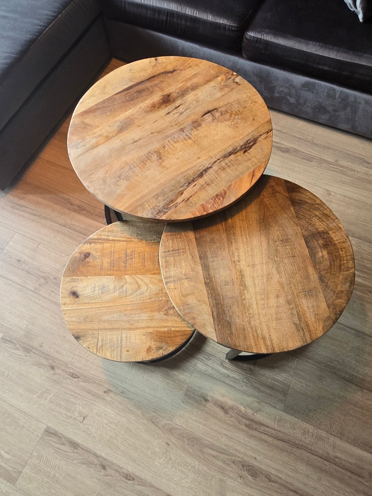 3-delige set salontafels - massief mangohout & zwart metaal, Huis en Inrichting, 50 tot 100 cm, Rond, 50 tot 100 cm, Zo goed als nieuw