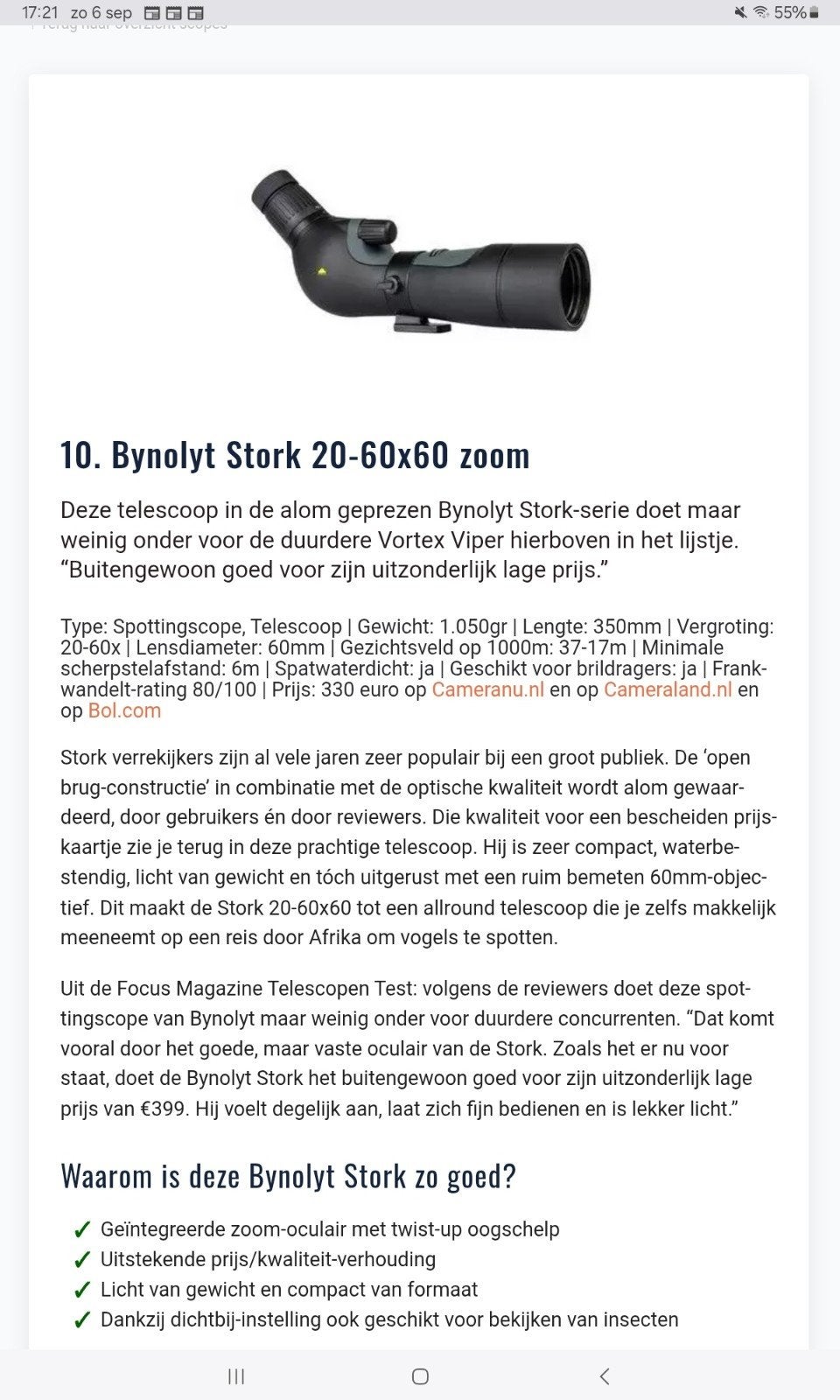 Bynolyt Stork spotting scope 20-6060, Audio, Tv en Foto, Optische apparatuur | Telescopen, Ophalen, Zo goed als nieuw, Minder dan 80 mm