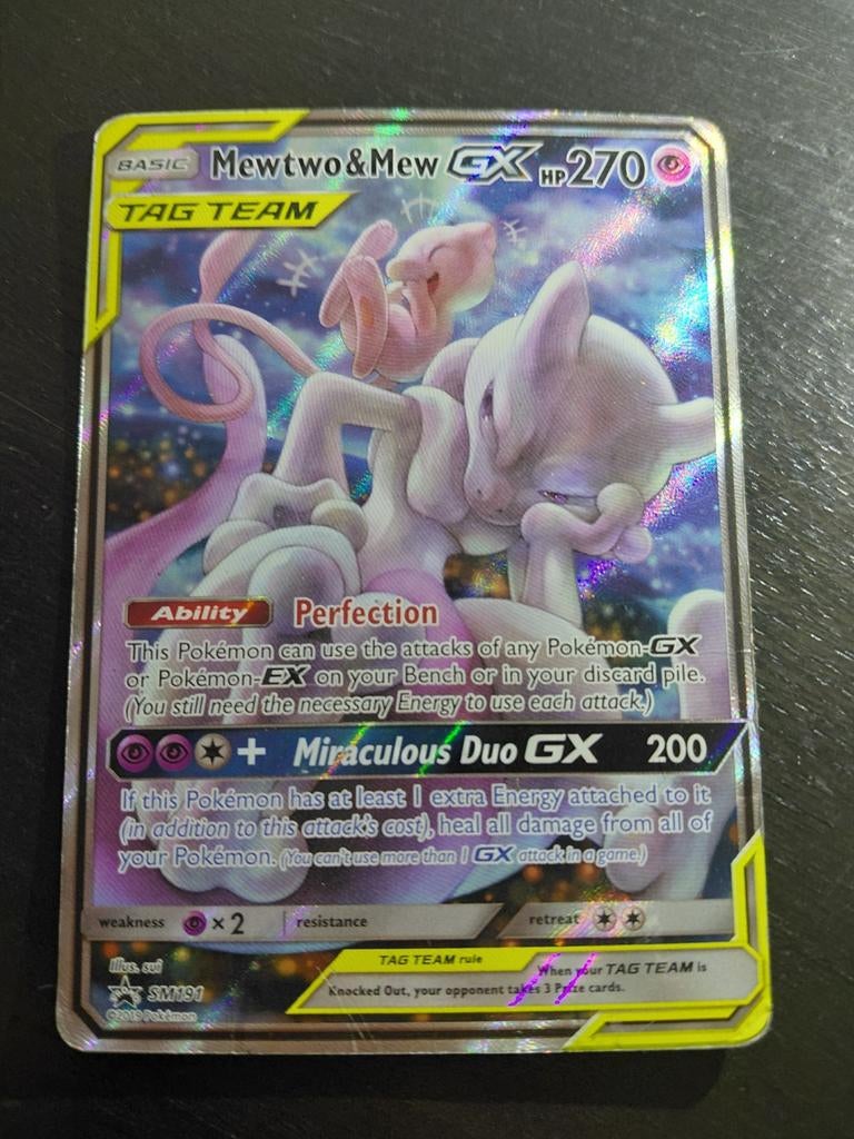 Mewtwo en Mew GX SM191, Ophalen of Verzenden, Gebruikt, Losse kaart, Foil