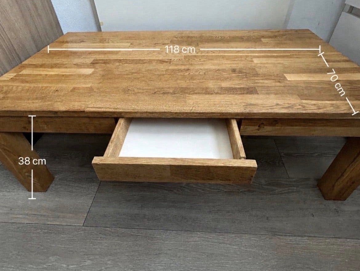 Massief eiken salontafel met lade - 118x70x38 cm, 100 tot 150 cm, Eikenhout, Zo goed als nieuw, 50 tot 100 cm