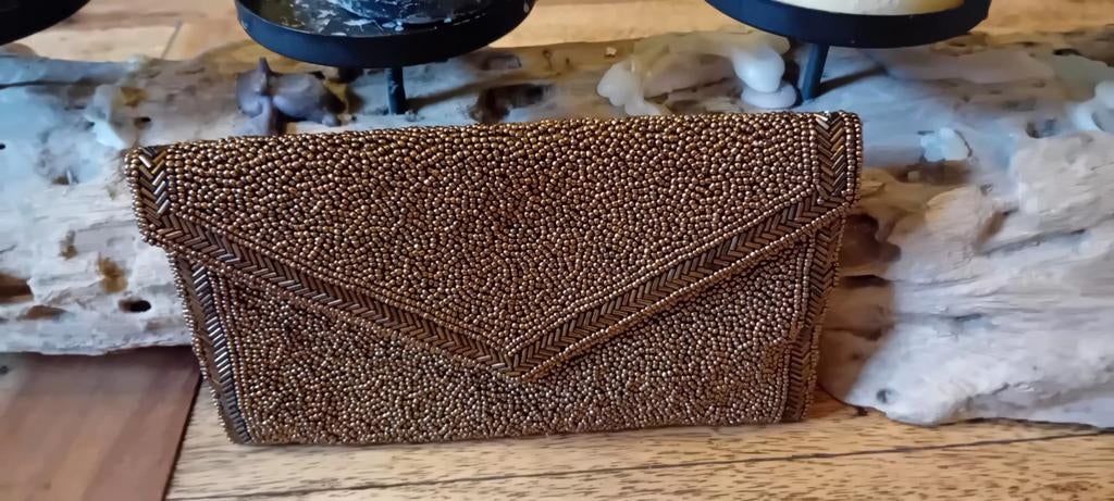 Walborg Vintage Kralen Zijden Clutch Avondtasje, Ophalen of Verzenden, Gebruikt, Bruin, Avondtasje