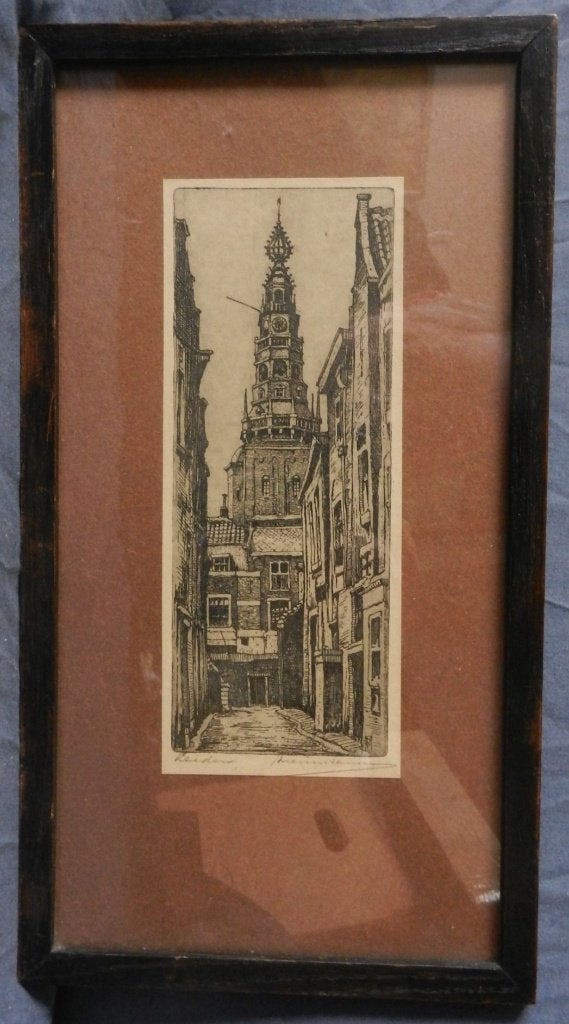 Ets Steegje met Stadhuistoren Leiden Marius Janssen 21,1x8,2, Met monogram, Ets, Stadsgezicht, Ophalen of Verzenden