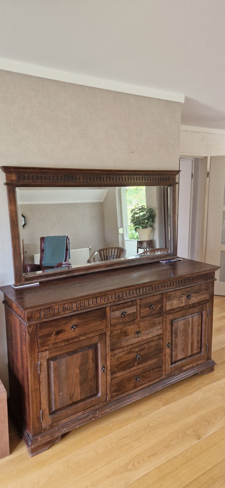 Koloniaal dressoir met bijpassende spiegel, Ophalen, Gebruikt, Met lade(s), 150 tot 200 cm
