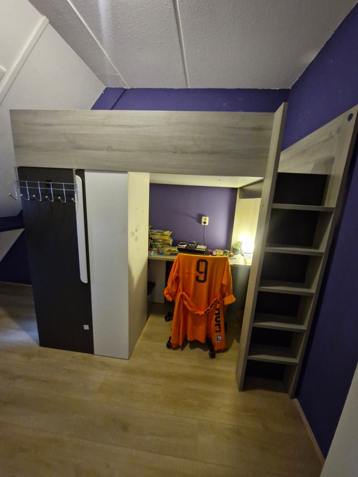 Hoogslaper met bureau en kast - Grijs/Wit 90x200, Ophalen, Gebruikt, Eenpersoons, 90 cm