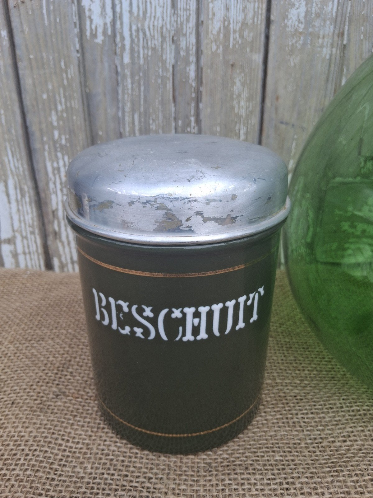 Donkergroene emaille beschuitbus, brocante - Debrocantekip, Antiek en Kunst, Ophalen of Verzenden