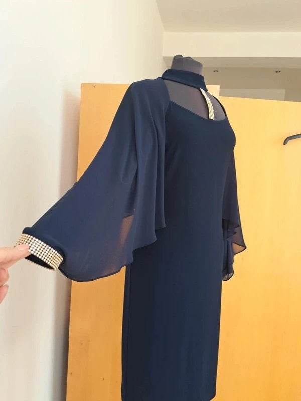 Ribkoff luxe jurk donkerblauw strass details chiffon mouw 38, Maat 38/40 (M), Joseph Ribkoff, Nieuw, Onder de knie