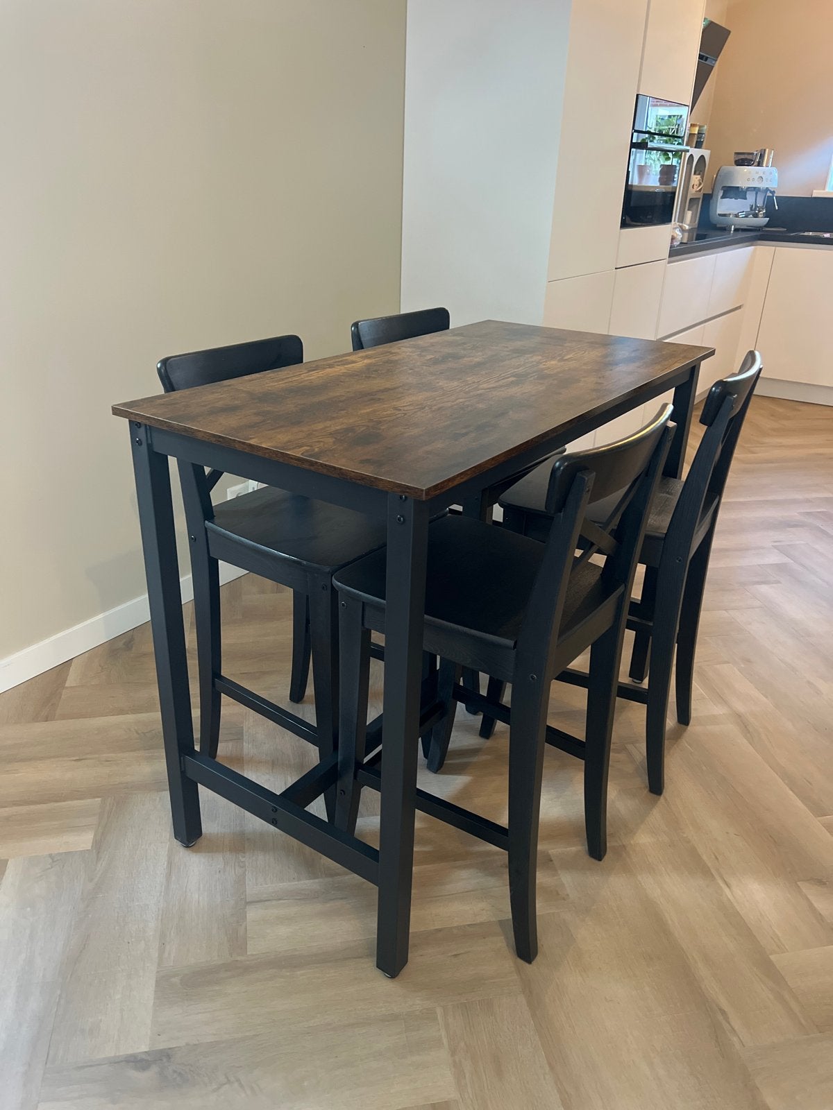 Bartafel met 4 barkrukken - Industrieel design, Huis en Inrichting, Ophalen, 100 tot 150 cm, 50 tot 100 cm, Zo goed als nieuw