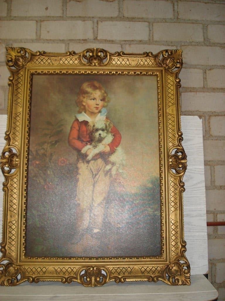 jongen en hond schilderij  kitch   90 x 68 Cm, Paneel, Bijzondere lijst, Portret of Personen, Realistisch