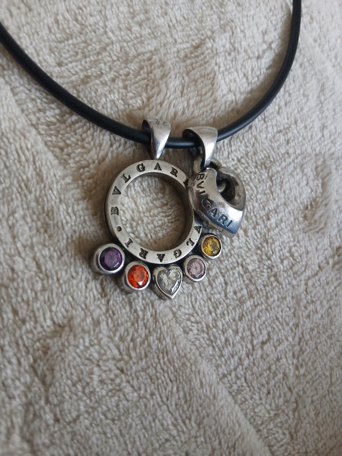 Bvlgari-stijl ketting met hangers en gekleurde stenen, Gebruikt, Verzenden, Met edelsteen, Zilver