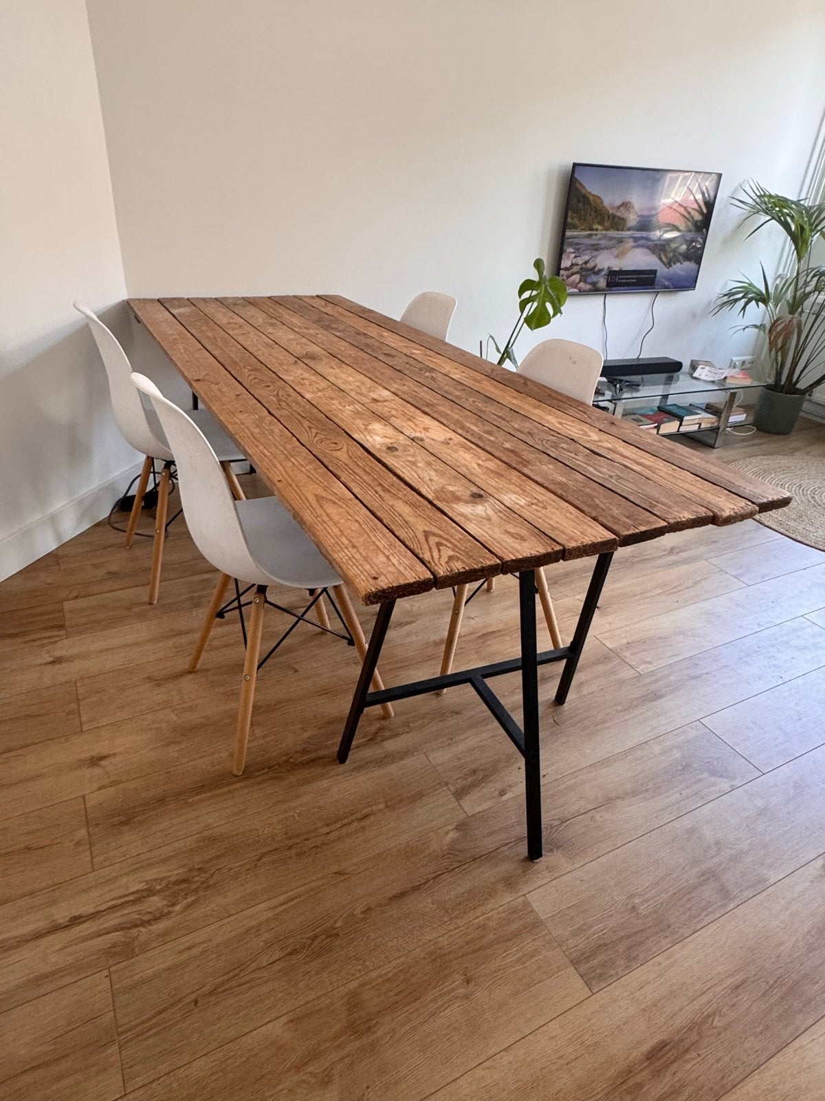 Unieke eettafel van gerecycled hout, Huis en Inrichting, Ophalen, Gebruikt, 200 cm of meer, 50 tot 100 cm