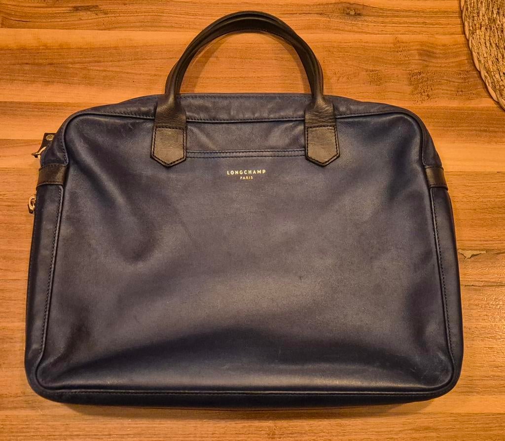 Luxe Longchamp Le Foulonné Laptoptas - Marineblauw Leer, Gebruikt, Aktetas, Ophalen of Verzenden, Meerdere vakken