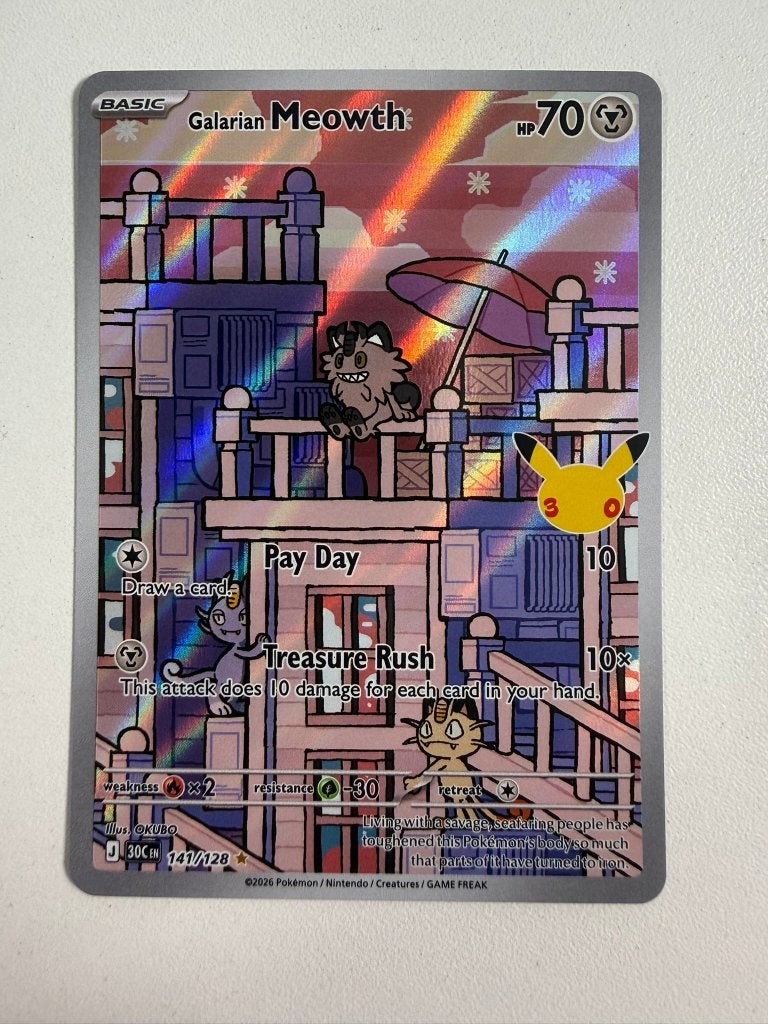 141/128 Galarian Meowth 30th Celebration Pokemon Kaart, Ophalen of Verzenden, Nieuw, Losse kaart