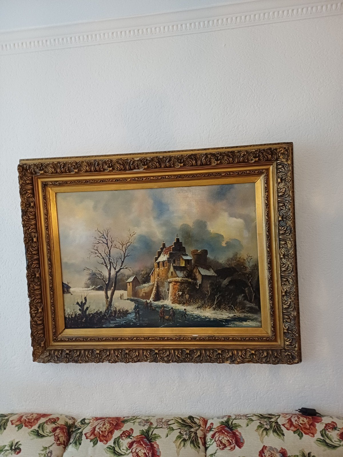 Prachtig oud winterschilderij op paneel met gipsen lijst, Antiek en Kunst, Kunst | Schilderijen | Klassiek, Paneel, Ophalen of Verzenden