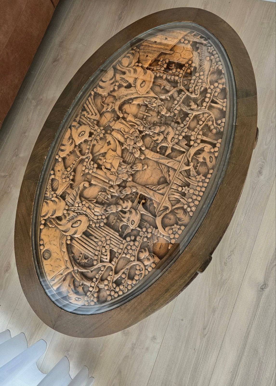 Chinees houtsnijwerk salontafel met 6 bijzettafeltjes, Ophalen, Gebruikt, 100 tot 150 cm, Chinees, Aziatisch, Handgesneden