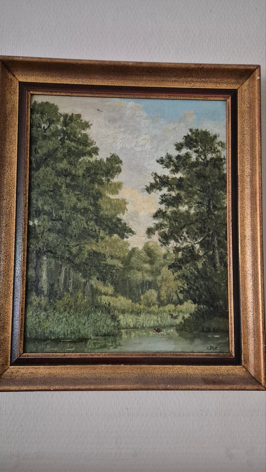 Olieverfschilderij Landschap met water en bomen, Doek, Realistisch, Ophalen of Verzenden, Gesigneerd