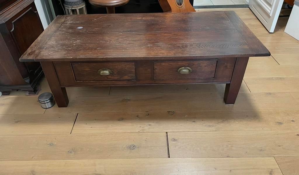 Robuuste eikenhouten salontafel met lades, Huis en Inrichting, Tafels | Salontafels, Ophalen, Gebruikt, 100 tot 150 cm, Eikenhout