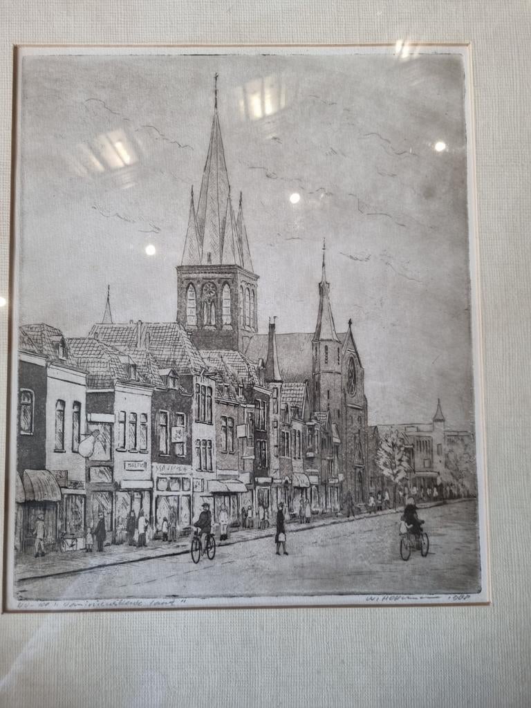 Alkmaar kerk ets van W Hofman, Antiek en Kunst, Ingelijst, Architectuur, Ophalen of Verzenden, 1950 - 1999