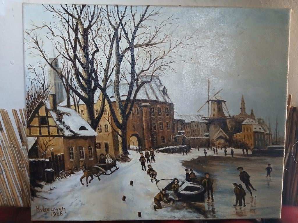 Schilderij winterlandschap met schaatsers en molen, Ophalen of Verzenden