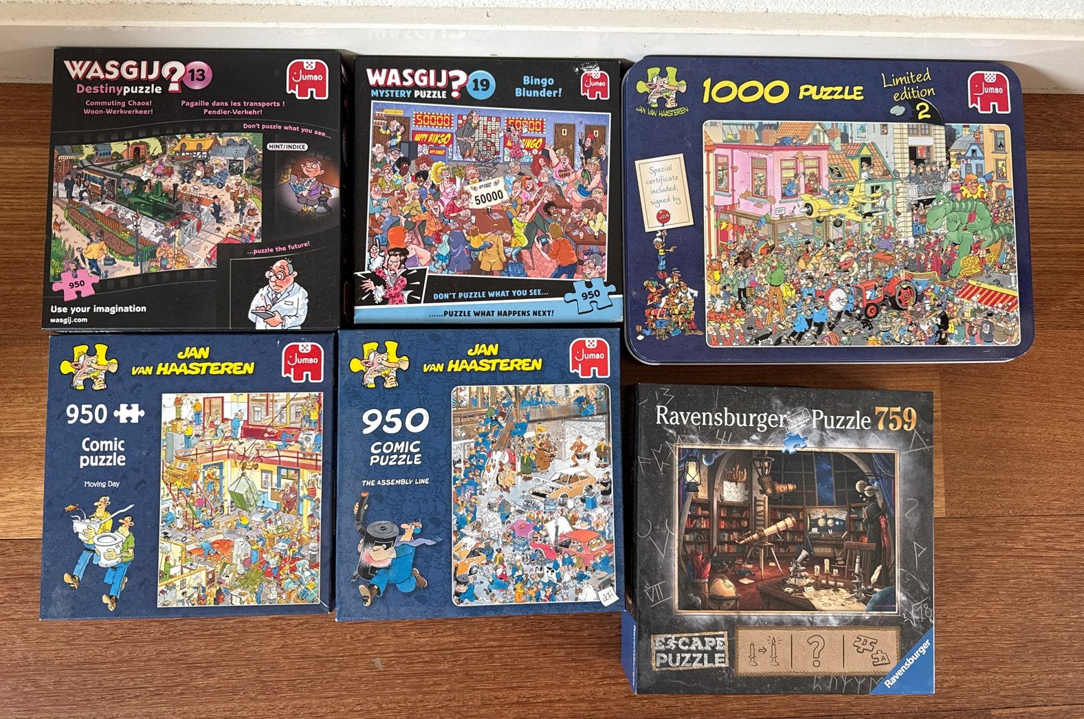 puzzels Jan van Haasteren, Wasgij en escape puzzel, Ophalen of Verzenden, 500 t/m 1500 stukjes, Gebruikt, Legpuzzel
