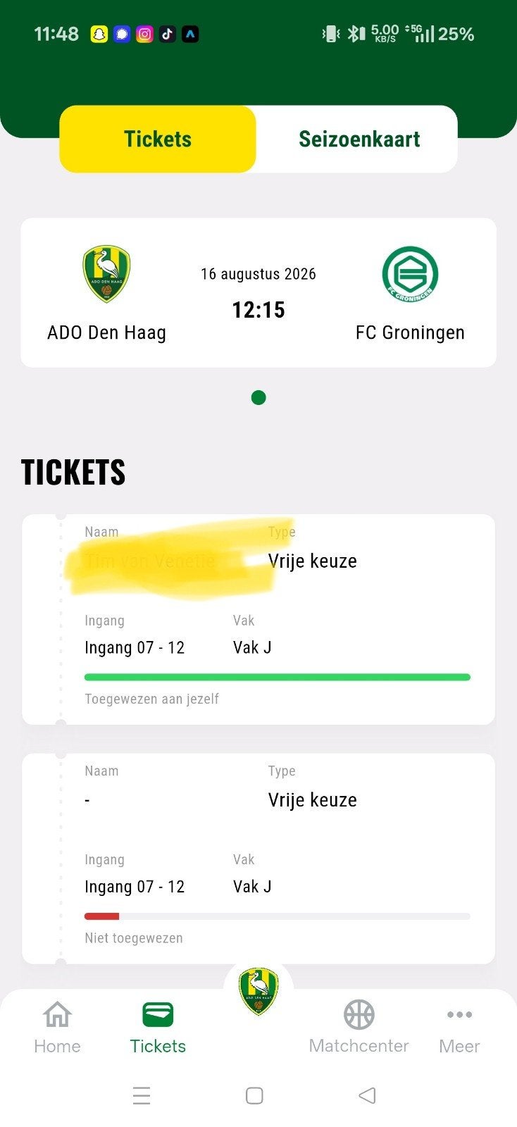 tickets voor Ado-Groningen vak J, Tickets en Kaartjes, Twee personen, Overige soorten